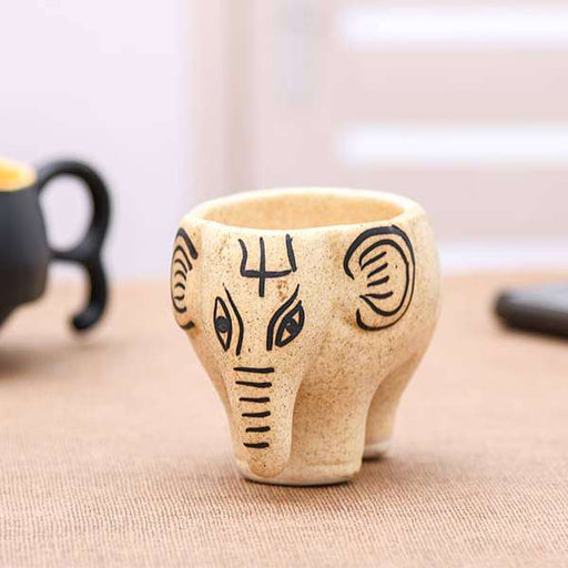 2.8 inch (7 cm) Elephant Shape Marble Finish Ceramic Pot (Light Brown) (set of 2)