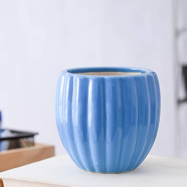 3.1 inch (8 cm) Vertical Ridges Pattern Round Ceramic Pot (Blue)