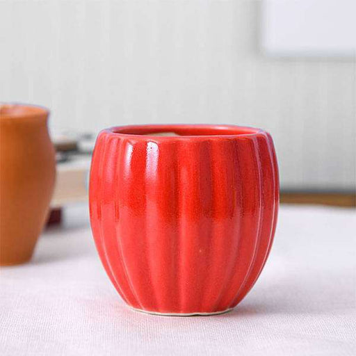 3.1 inch (8 cm) Vertical Ridges Pattern Round Ceramic Pot (Red)