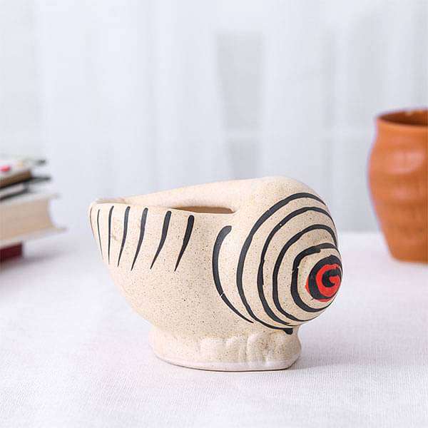 3.5 inch (9 cm) Shankh Shape Ceramic Pot (Light Brown)