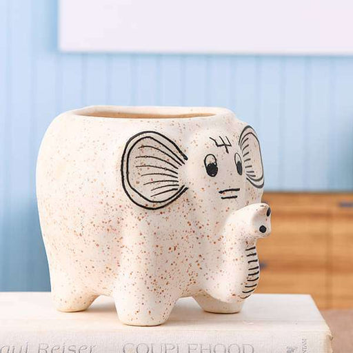 3.7 inch (9 cm) Elephant Shape Marble Finish Ceramic Pot (White)