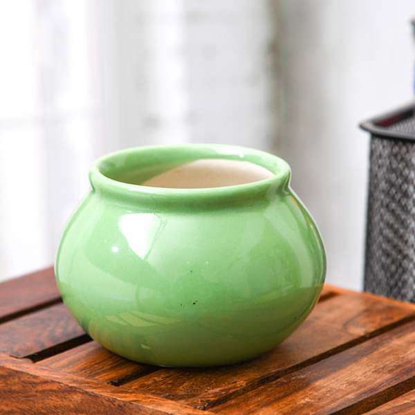 3 inch (8 cm) Handi Shape Round Ceramic Pot (Green)