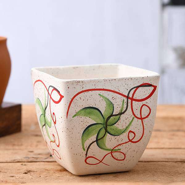 4.3 inch (11 cm) Painted Flower Marble Finish Square Cone Ceramic Pot with Rounded Edges (White)