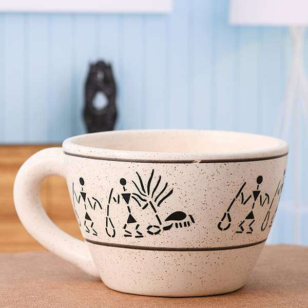 5.9 inch (15 cm) Warli Painting Cup Marble Finish Round Ceramic Pot (White)