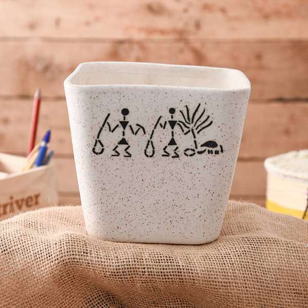 5.9 inch (15 cm) Warli Painting Marble Finish Square Cone Ceramic Pot With Rounded Edges (White)