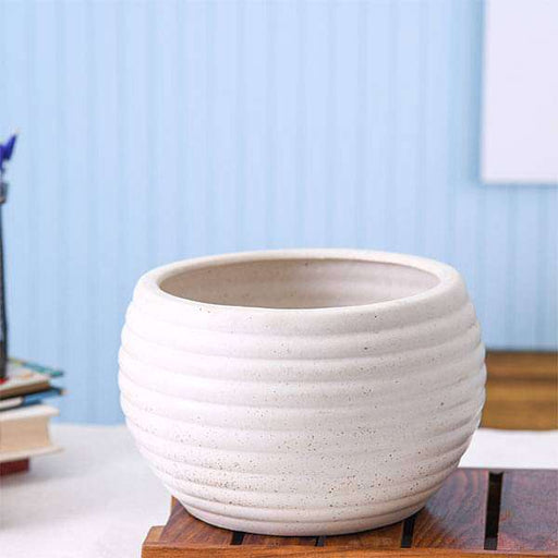 6.5 inch (17 cm) Ring Pattern Marble Finish Round Ceramic Pot (White)